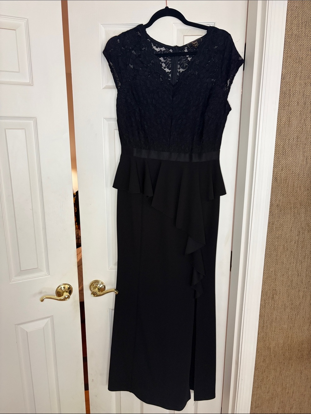 Black Lace Peplum Maxi Dress with Ruffle Detail